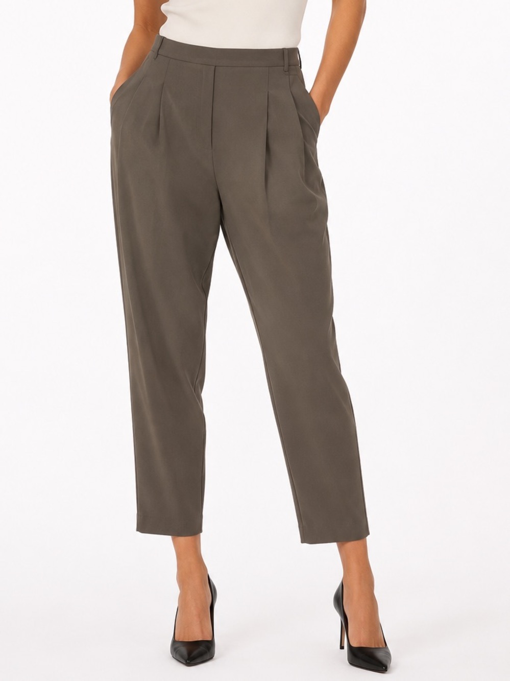 Tahari Taupe olive green pleated trouser pants tapered leg size 8 women’s